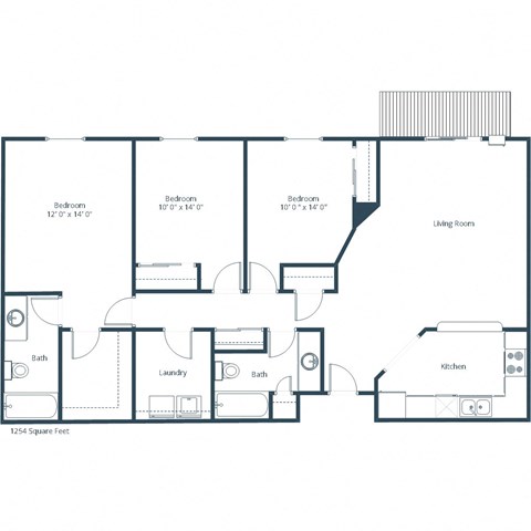 Floor plan for 3 beds, 2 baths, 1254 sqft