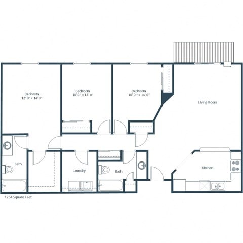 Floor plan for 3 beds, 2 baths, 1254 sqft