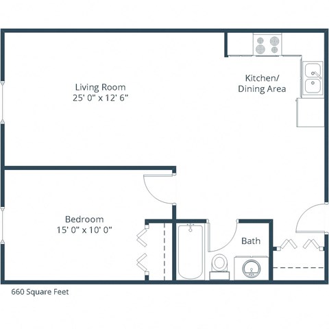 Floor plan for 1 bed, 1 bath, 636 sqft