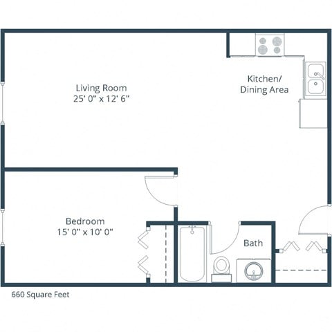 Floor plan for 1 bed, 1 bath, 636 sqft