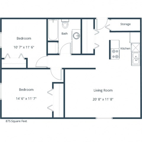 Floor plan for 2 beds, 1 bath, 901 sqft