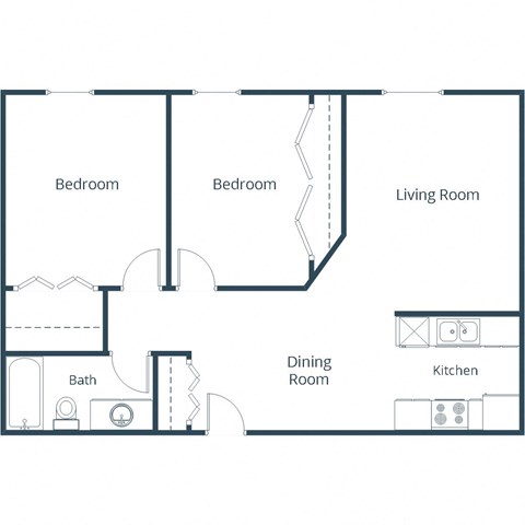 Floor plan for 2 beds, 1 bath, 901 sqft