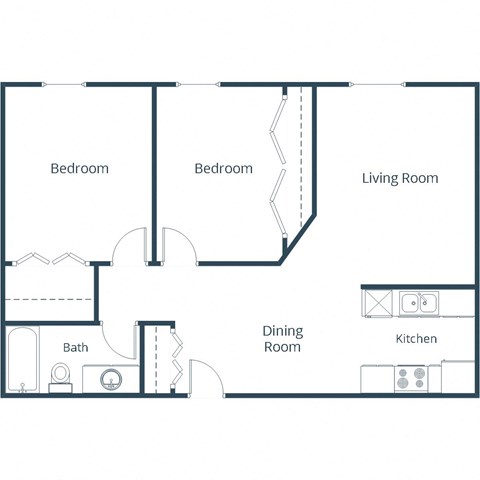 Floor plan for 2 beds, 1 bath, 901 sqft