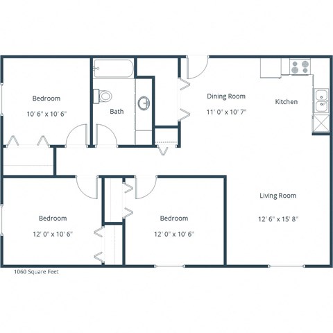Floor plan for 3 beds, 1 bath, 1055 sqft