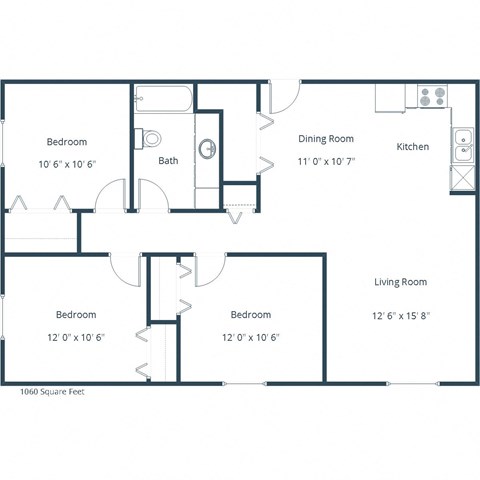 Floor plan for 3 beds, 1 bath, 1055 sqft