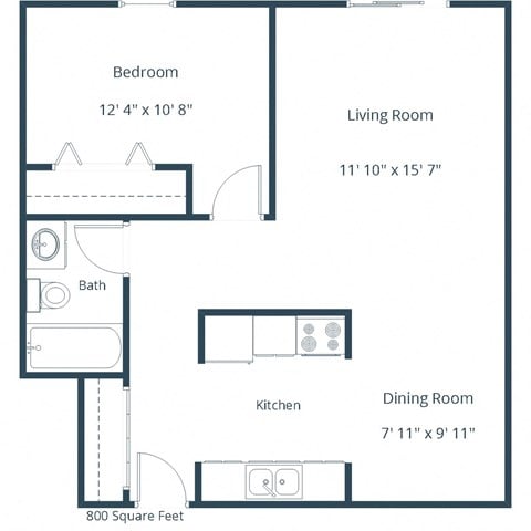 Floor plan for 1 bed, 1 bath, 800 sqft