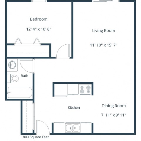 Floor plan for 1 bed, 1 bath, 800 sqft