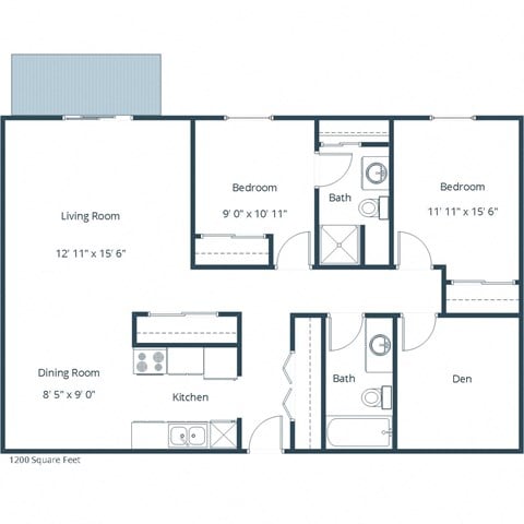 Floor plan for 2 beds, 1.8 baths, 1200 sqft