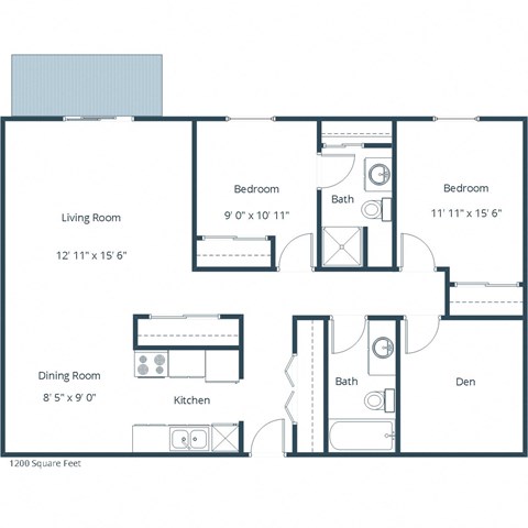 Floor plan for 2 beds, 1.8 baths, 1200 sqft