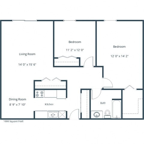 Floor plan for 2 beds, 1 bath, 1000 sqft