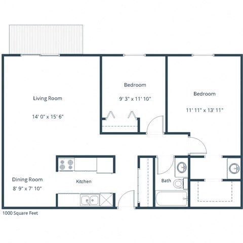 Floor plan for 2 beds, 1 bath, 1000 sqft