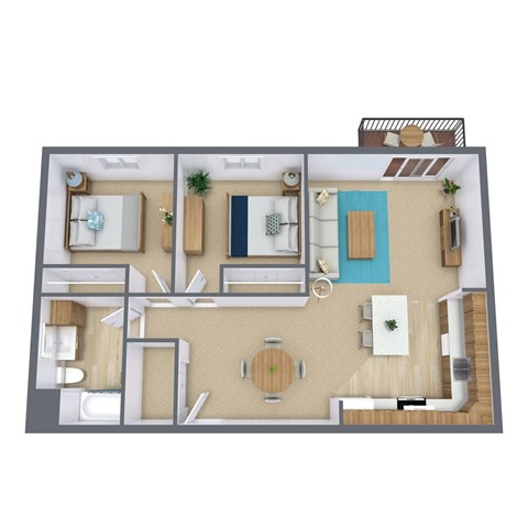Floor plan for 2 beds, 1 bath, 895 sqft