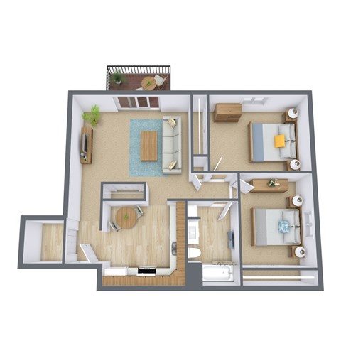 Floor plan for 2 beds, 1 bath, 890 sqft