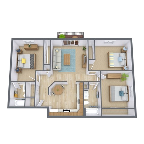 Floor plan for 3 beds, 2 baths, 1100 sqft