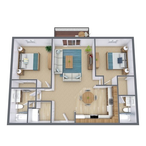 Floor plan for 2 beds, 2 baths, 1200 sqft