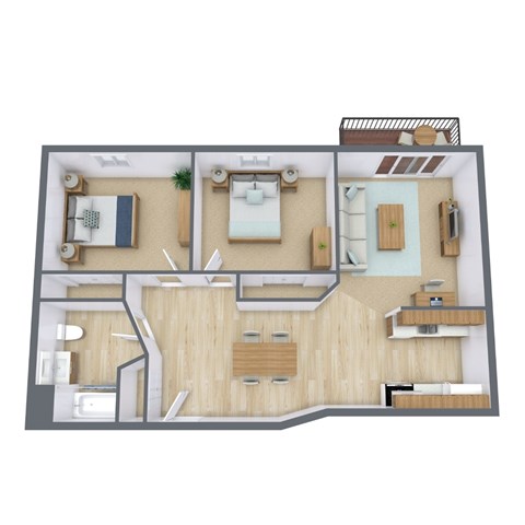 Floor plan for 2 beds, 1 bath, 901 sqft