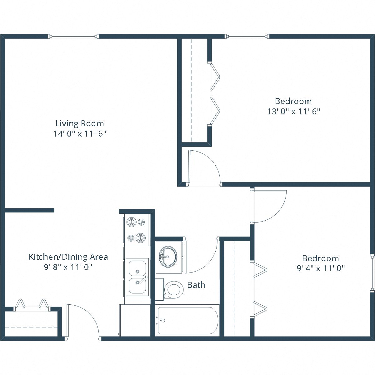 Floor plan for 2 beds, 1 bath, 820 sqft