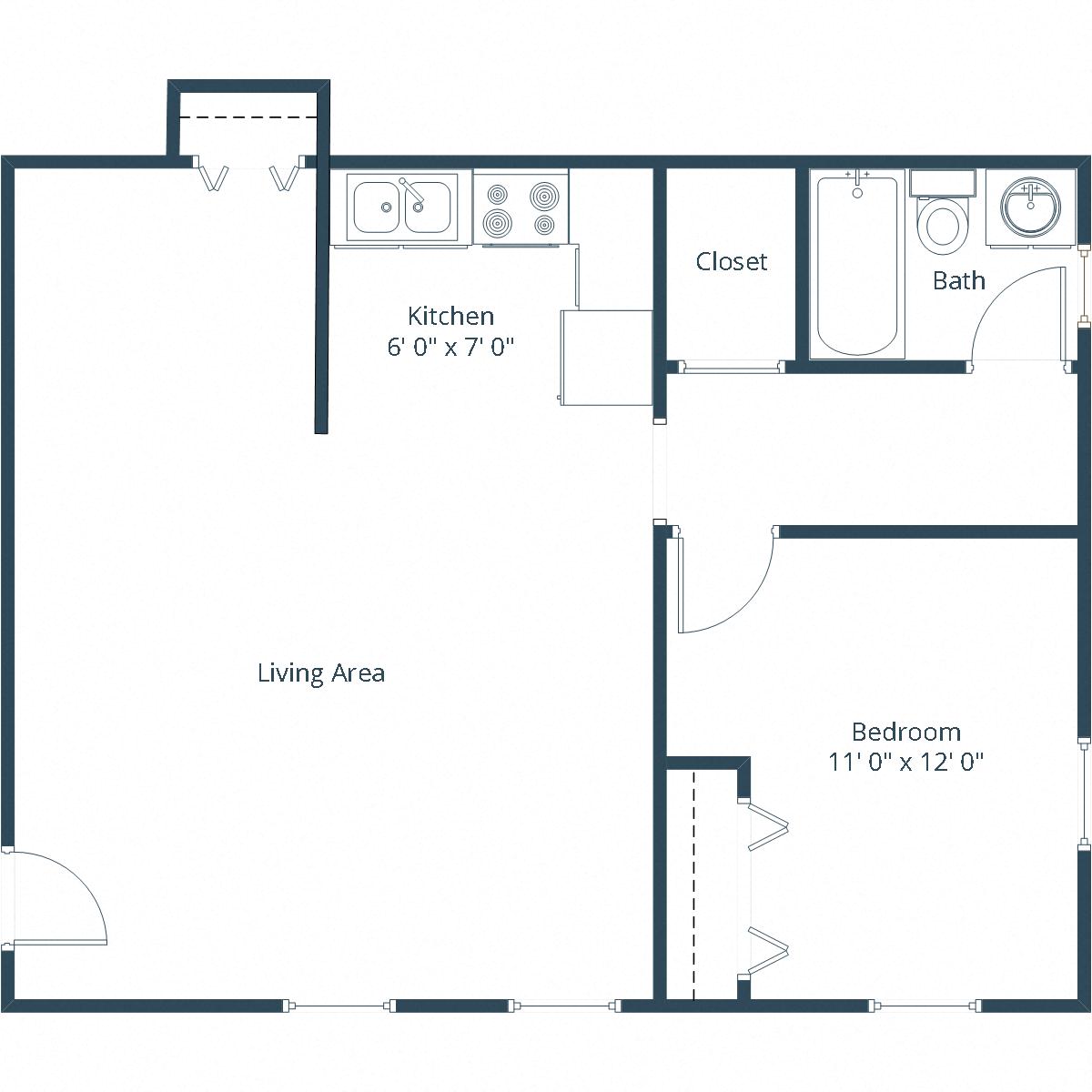 Floor plan for 1 bed, 1 bath, 600 sqft