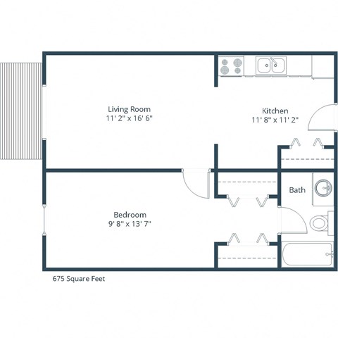 Floor plan for 1 bed, 1 bath, 675 sqft