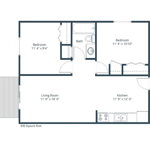 Floor plan for 2 beds, 1 bath, 830 sqft