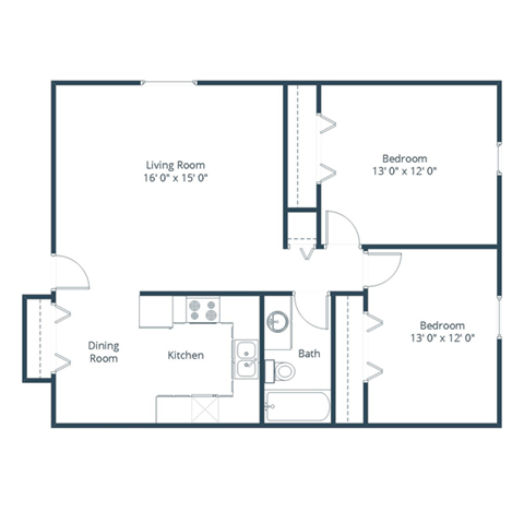 Floor plan for 2 beds, 1 bath, 780 sqft