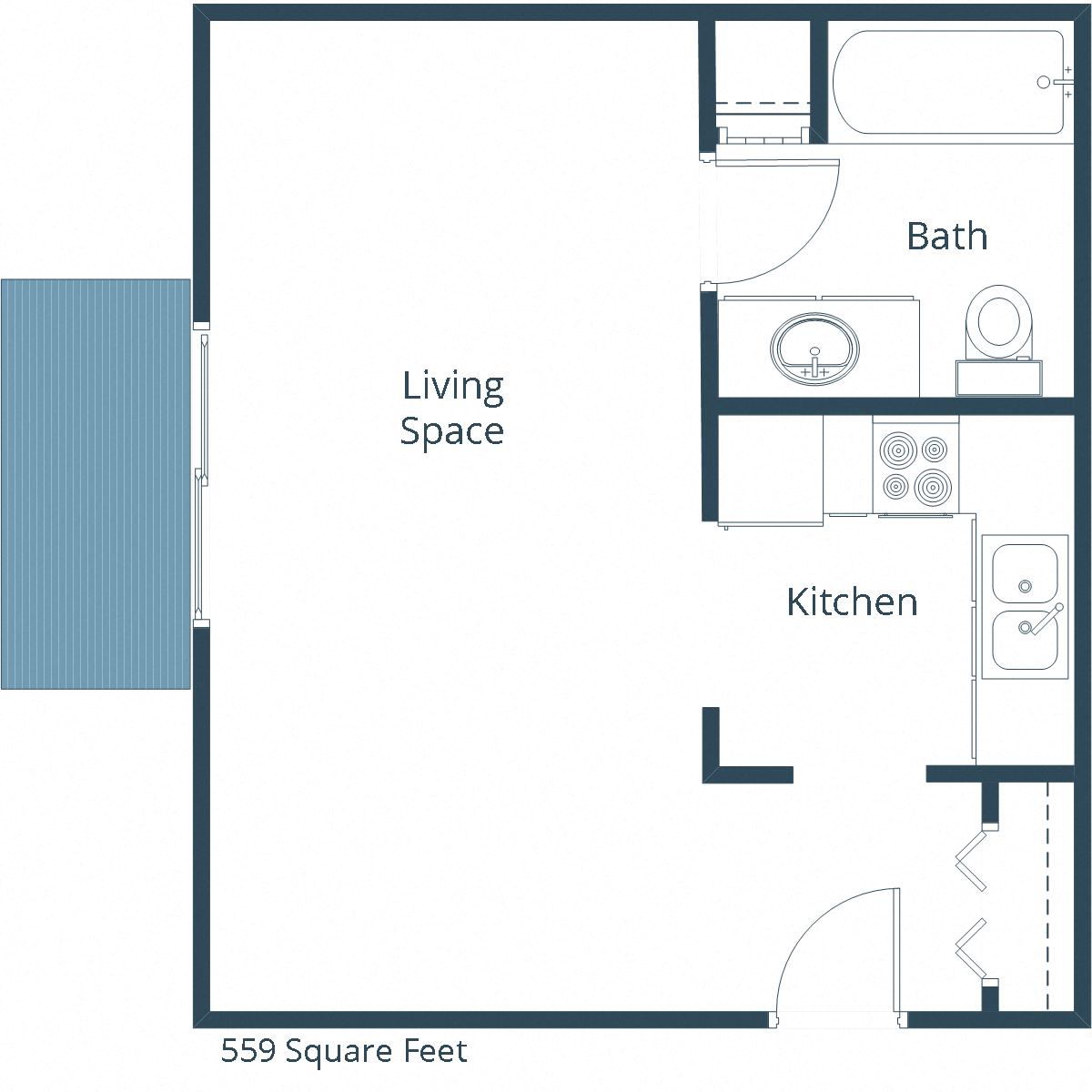 Floor plan for studio, 1 bath, 559 sqft