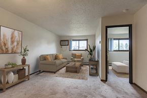 Bismarck apartment for rent - Bismarck, ND Eagle Sky II. a small living room with a couch and a coffee table a small window lets natural light in.