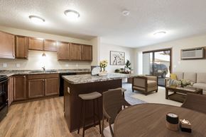 Bismarck apartment for rent - Bismarck, ND Fairview a combined dining and living area with dark wood cabinets and furnishings. The space features a dining table, chairs, and comfortable seating for the living room. It offers a versatile and inviting area for dining, relaxation, and socializing with family and friends