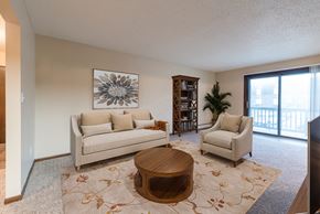 Bismarck apartment for rent - Bismarck, ND Newgate Apartment a living room with a large rug, couch, and tv. A glass sliding door brightens the room with natural light