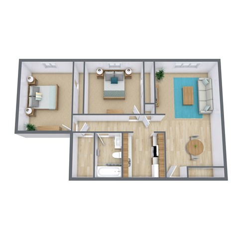 Floor plan for 2 beds, 1 bath