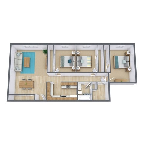 Floor plan for 3 beds, 1 bath, 975 sqft