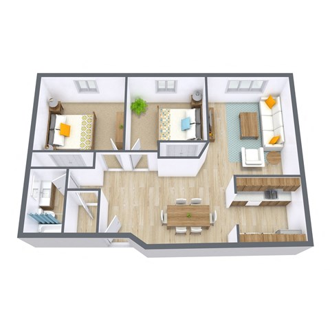 Floor plan for 2 beds, 1 bath, 935 sqft