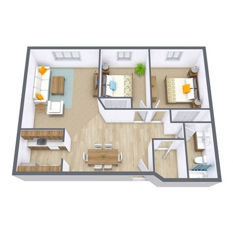 Floor plan for 2 beds, 1 bath, 860 sqft