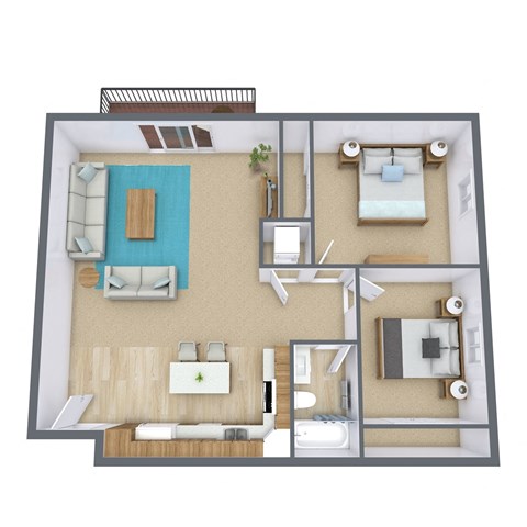 Floor plan for 2 beds, 1 bath, 934 sqft