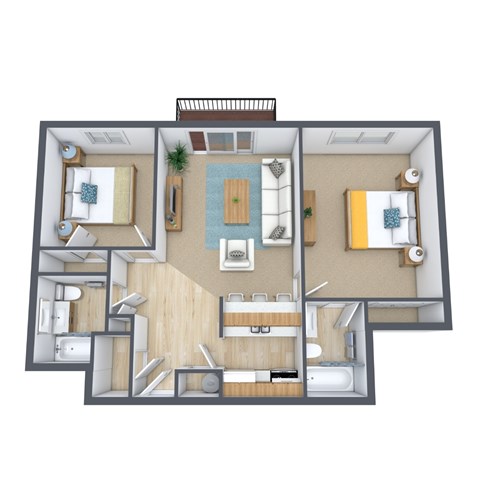 Floor plan for 2 beds, 2 baths, 782 sqft