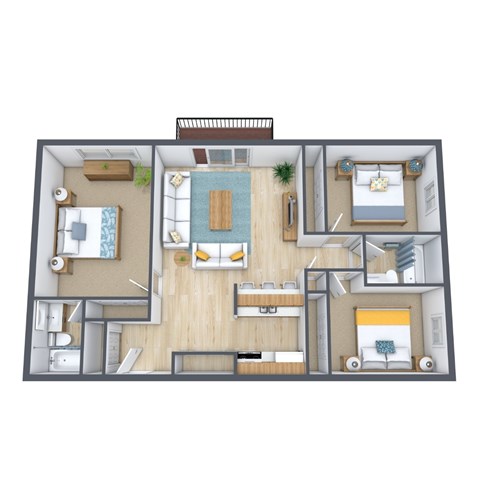 Floor plan for 3 beds, 2 baths, 944 sqft