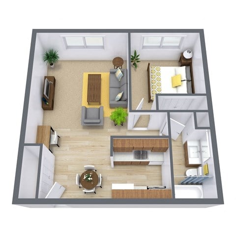 Floor plan for 1 bed, 1 bath, 600 sqft