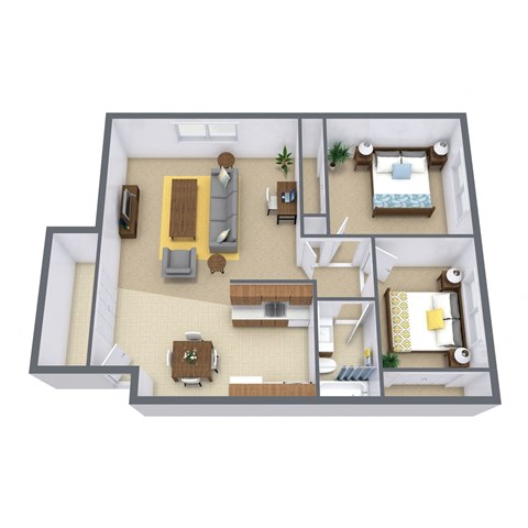 Floor plan for 2 beds, 1 bath, 934 sqft
