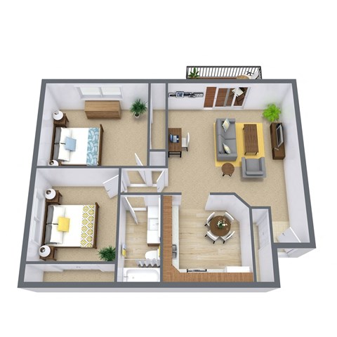 Floor plan for 2 beds, 1 bath, 934 sqft