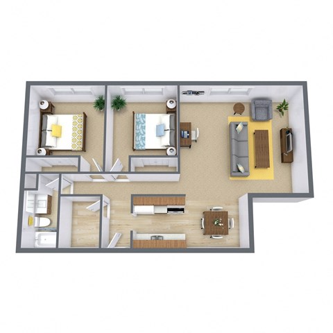 Floor plan for 2 beds, 1 bath, 896 sqft