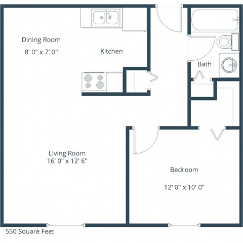 Floor plan for 1 bed, 1 bath, 550 sqft