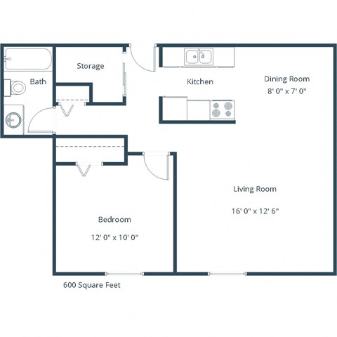 Floor plan for 1 bed, 1 bath, 600 sqft