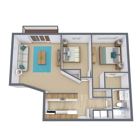 Floor plan for 2 beds, 1 bath, 1050 sqft