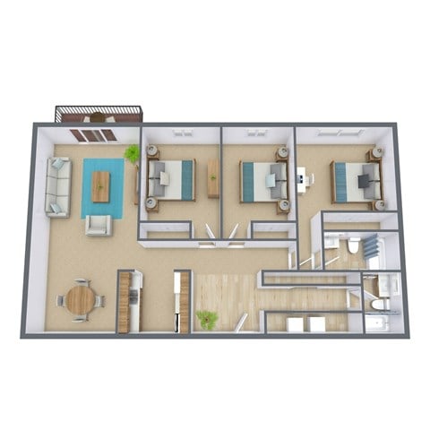 Floor plan for 3 beds, 2 baths