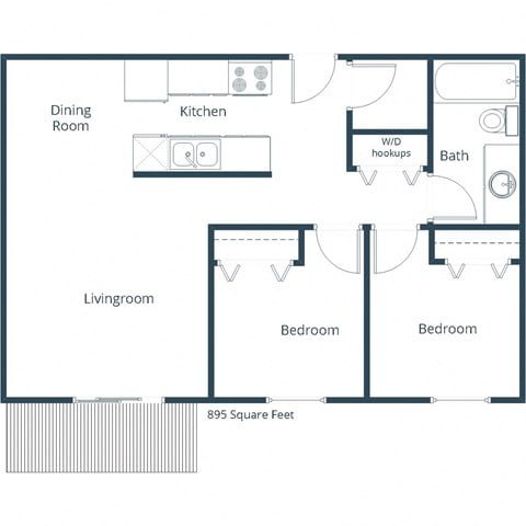 Floor plan for 2 beds, 1 bath, 895 sqft