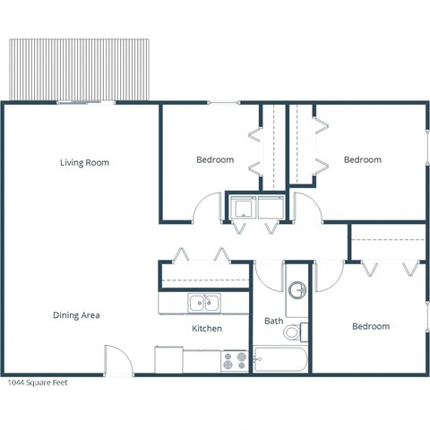 Floor plan for 3 beds, 1 bath, 1044 sqft
