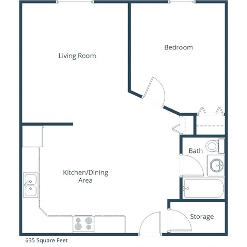 Floor plan for 1 bed, 1 bath, 635 sqft