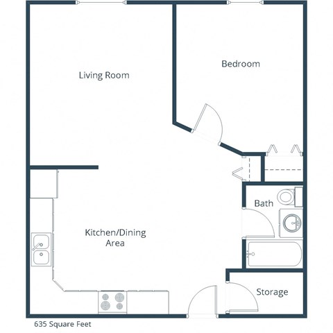 Floor plan for 1 bed, 1 bath, 635 sqft