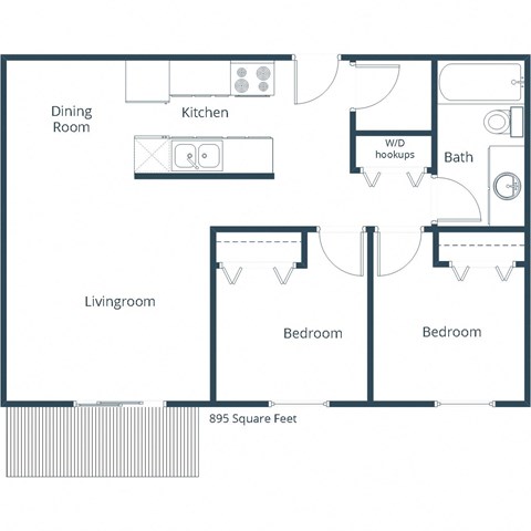 Floor plan for 2 beds, 1 bath, 895 sqft