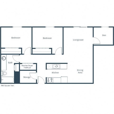 Floor plan for 2 beds, 1 bath, 946 sqft